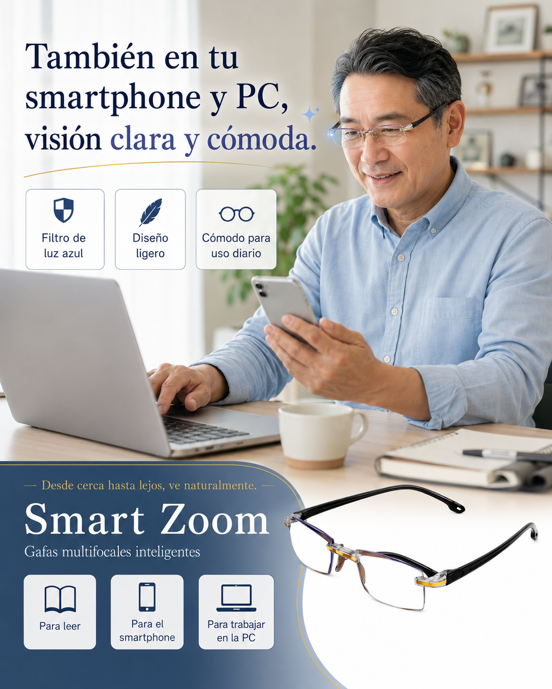 Smart Zoom™ Gafas Multifocales Inteligentes | Ve de cerca y de lejos con un solo par.